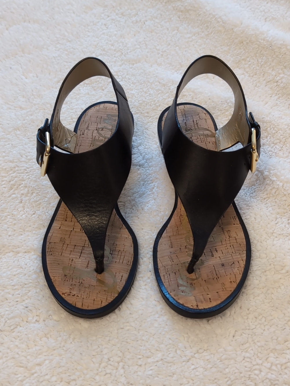 Sam Edelman Black Leather Thong Sandals with Gold Buckles